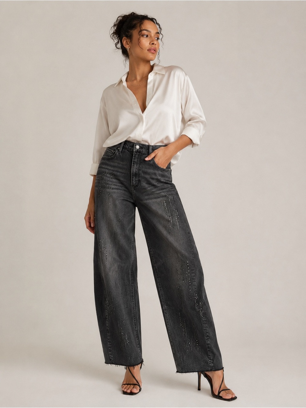 Driftwood Parker Women Gray Rhinestone Barrel Leg Jeans Size 31 NWT
